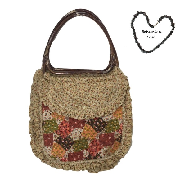 Vintage Handbags - Vintage Floral BOHO Patchwork Bag W/ Lucite Handle